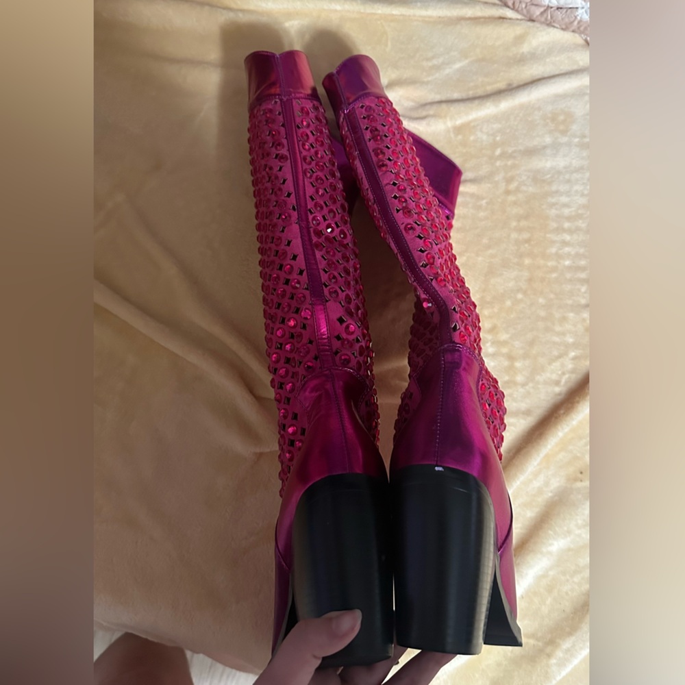 Fuchsia Studded Heeled Boots - Picture 7 of 9